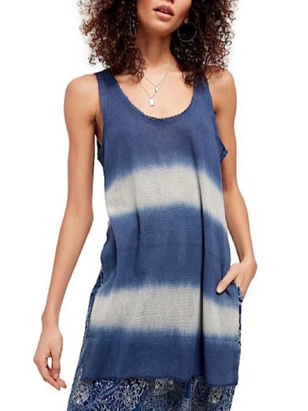 Free People We the Free Joni Mesh Maxi Cotton Out To Sea Top L